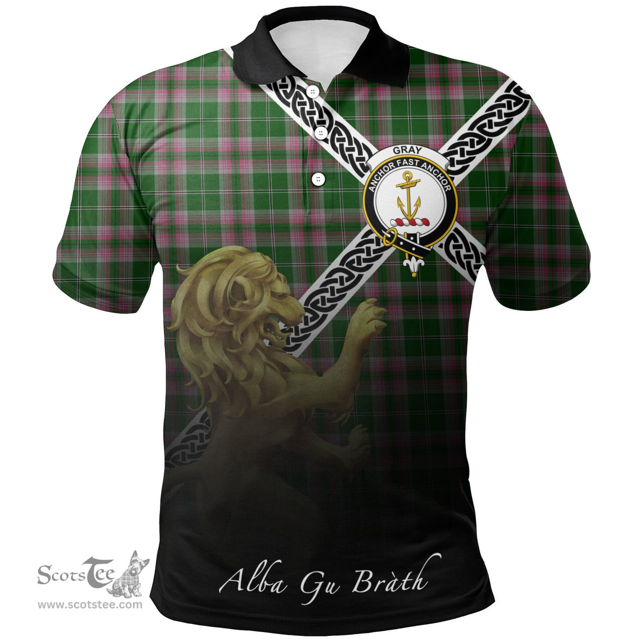 Scottish Gray Hunting Clan Crest Tartan Polo Shirt - Celtic with Scotland Lion, Tartan Plaid Polo Shirt Scottish Plaid Tartan Plaid - ScotsTee - scotstee.com
