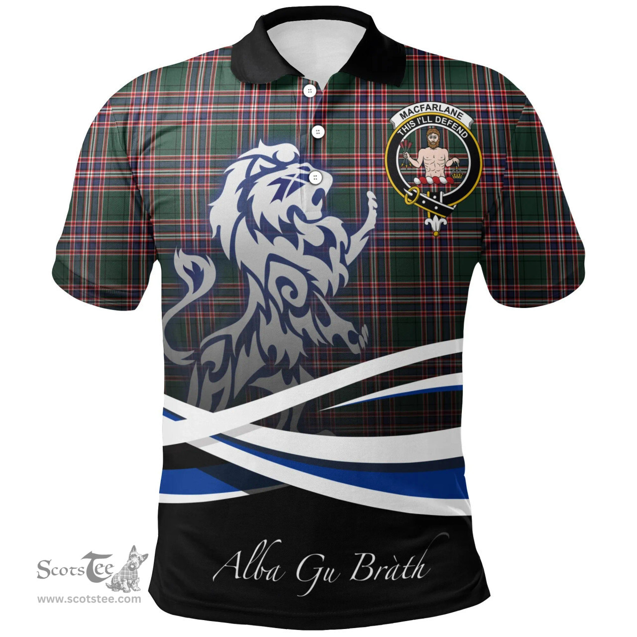 Scottish MacFarlane Hunting Modern Clan Crest Tartan Polo Shirt - Blue Scotland Lion, Tartan Plaid Polo Shirt Scottish Plaid Tartan Plaid - ScotsTee - scotstee.com