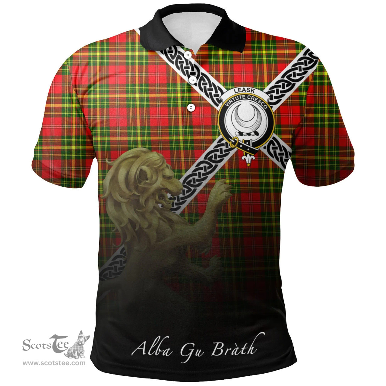 Scottish Leask Clan Crest Tartan Polo Shirt - Celtic with Scotland Lion, Tartan Plaid Polo Shirt Scottish Plaid Tartan Plaid - ScotsTee - scotstee.com