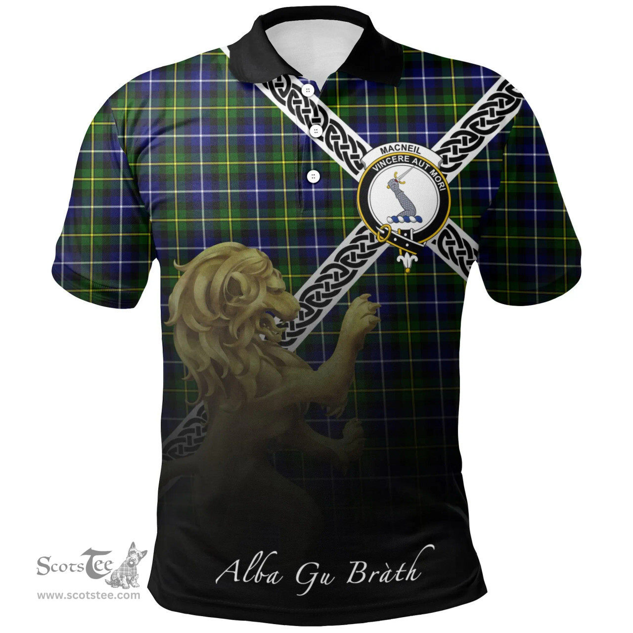 Scottish MacNeill of Barra Modern Clan Crest Tartan Polo Shirt - Celtic with Scotland Lion, Tartan Plaid Polo Shirt Scottish Plaid Tartan Plaid - ScotsTee - scotstee.com