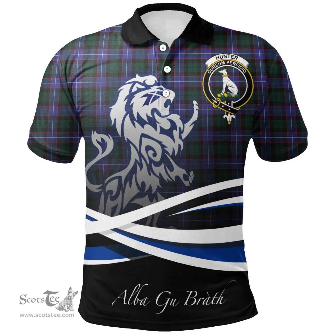 Scottish Hunter Modern Clan Crest Tartan Polo Shirt - Blue Scotland Lion, Tartan Plaid Polo Shirt Scottish Plaid Tartan Plaid - ScotsTee - scotstee.com