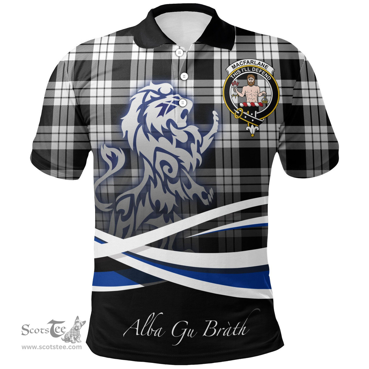 Scottish MacFarlane Black & White Clan Crest Tartan Polo Shirt - Blue Scotland Lion, Tartan Plaid Polo Shirt Scottish Plaid Tartan Plaid - ScotsTee - scotstee.com