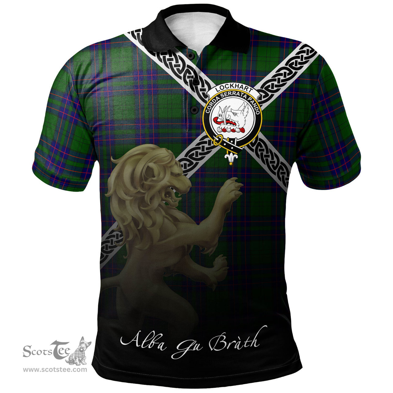 Scottish Lockhart Modern Clan Crest Tartan Polo Shirt - Celtic with Scotland Lion, Tartan Plaid Polo Shirt Scottish Plaid Tartan Plaid - ScotsTee - scotstee.com