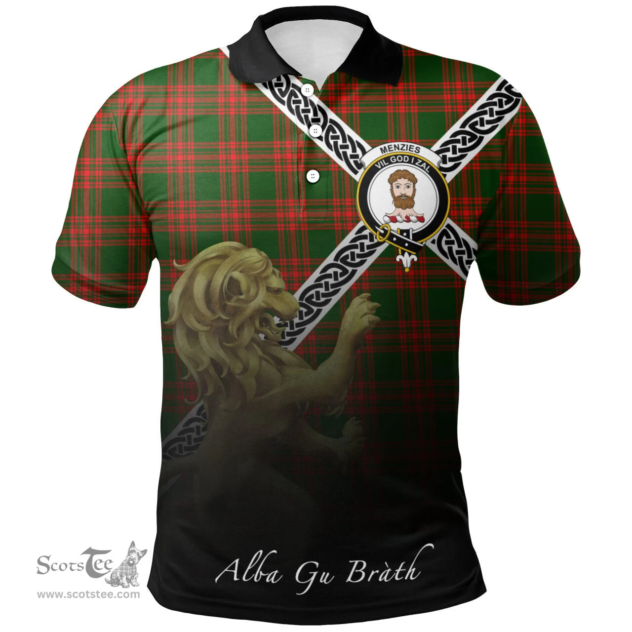 Scottish Menzies Green Modern Clan Crest Tartan Polo Shirt - Celtic with Scotland Lion, Tartan Plaid Polo Shirt Scottish Plaid Tartan Plaid - ScotsTee - scotstee.com