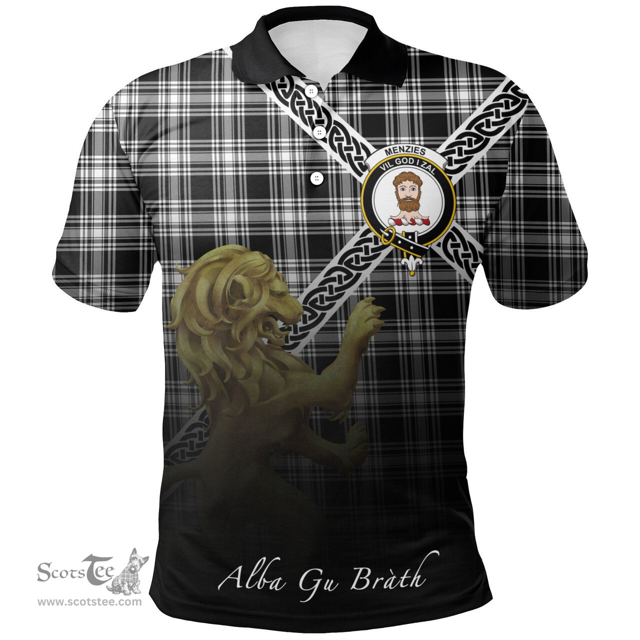 Scottish Menzies Black & White Modern Clan Crest Tartan Polo Shirt - Celtic with Scotland Lion, Tartan Plaid Polo Shirt Scottish Plaid Tartan Plaid - ScotsTee - scotstee.com