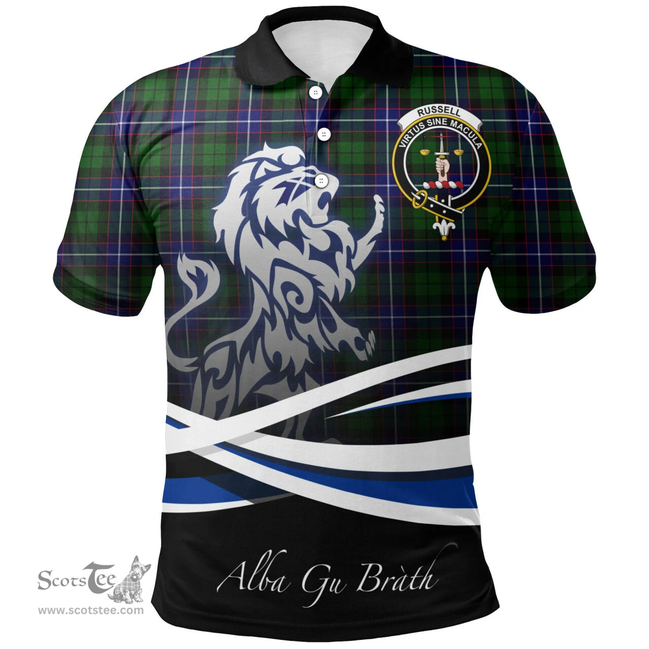 Scottish Russell Modern Clan Crest Tartan Polo Shirt - Blue Scotland Lion, Tartan Plaid Polo Shirt Scottish Plaid Tartan Plaid - ScotsTee - scotstee.com