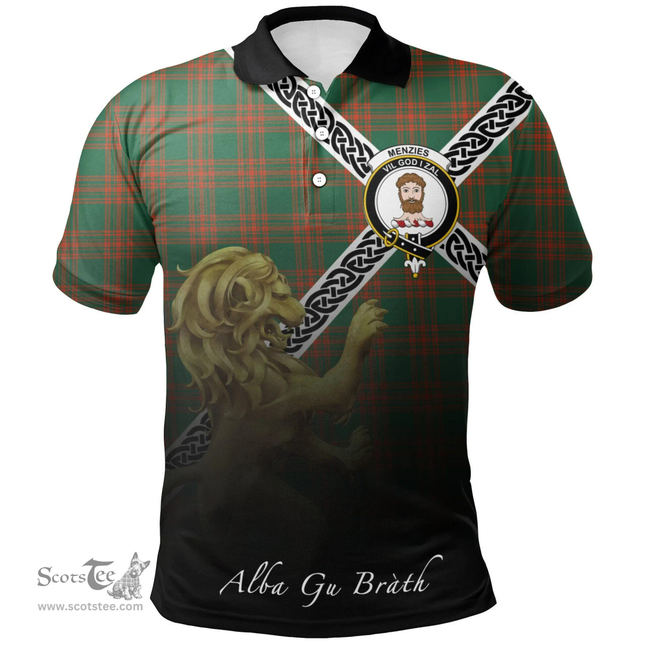 Scottish Menzies Green Ancient Clan Crest Tartan Polo Shirt - Celtic with Scotland Lion, Tartan Plaid Polo Shirt Scottish Plaid Tartan Plaid - ScotsTee - scotstee.com
