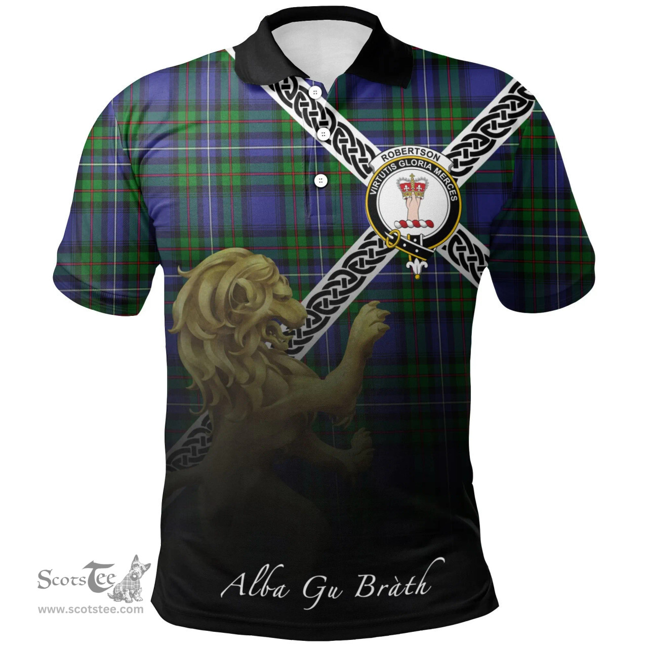 Scottish Robertson Hunting Modern Clan Crest Tartan Polo Shirt - Celtic with Scotland Lion, Tartan Plaid Polo Shirt Scottish Plaid Tartan Plaid - ScotsTee - scotstee.com