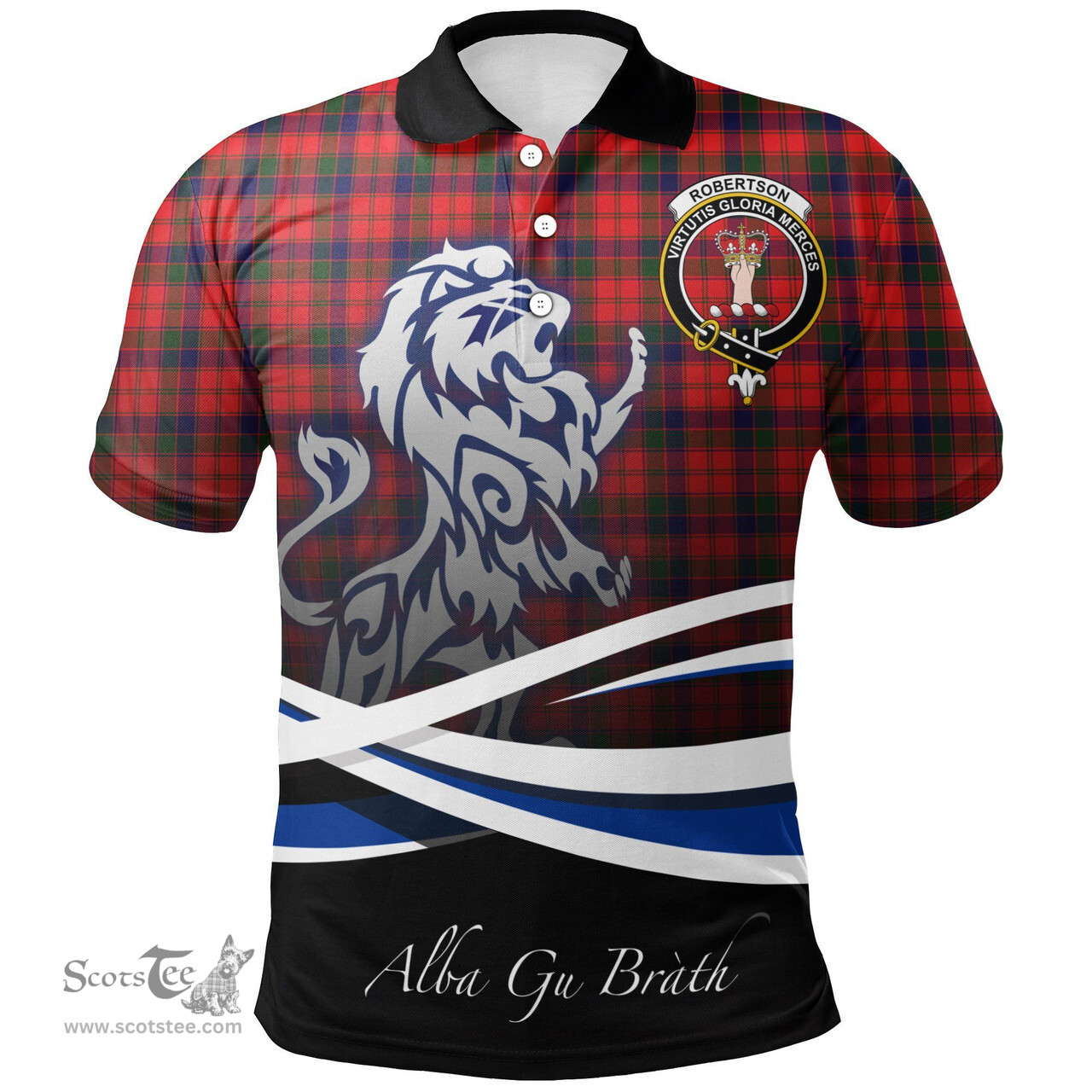 Scottish Robertson Modern Clan Crest Tartan Polo Shirt - Blue Scotland Lion, Tartan Plaid Polo Shirt Scottish Plaid Tartan Plaid - ScotsTee - scotstee.com