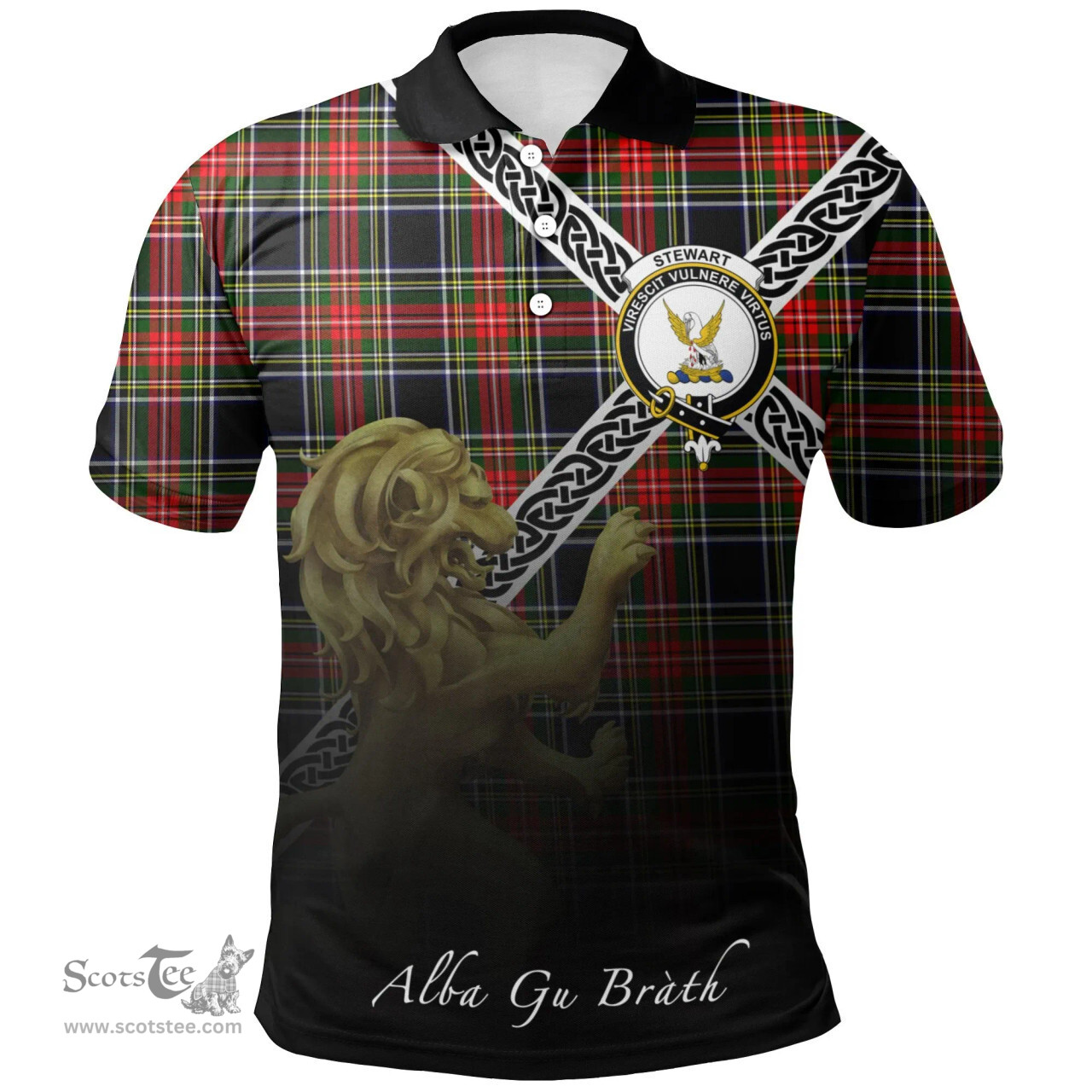Scottish Stewart Black Clan Crest Tartan Polo Shirt - Celtic with Scotland Lion, Tartan Plaid Polo Shirt Scottish Plaid Tartan Plaid - ScotsTee - scotstee.com
