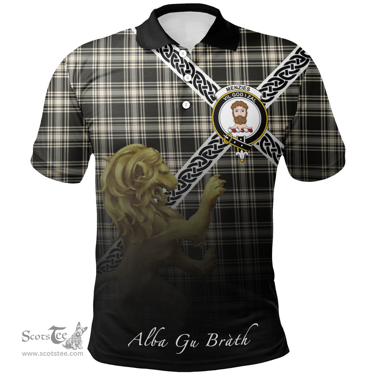 Scottish Menzies Black & White Ancient Clan Crest Tartan Polo Shirt - Celtic with Scotland Lion, Tartan Plaid Polo Shirt Scottish Plaid Tartan Plaid - ScotsTee - scotstee.com
