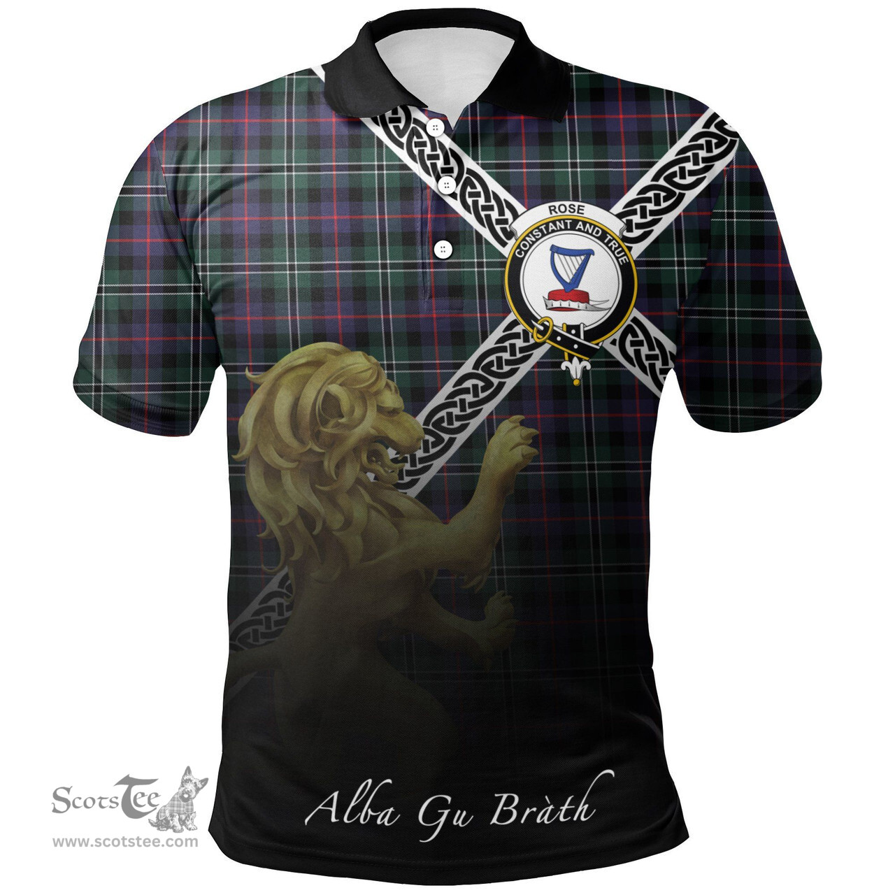 Scottish Rose Hunting Modern Clan Crest Tartan Polo Shirt - Celtic with Scotland Lion, Tartan Plaid Polo Shirt Scottish Plaid Tartan Plaid - ScotsTee - scotstee.com