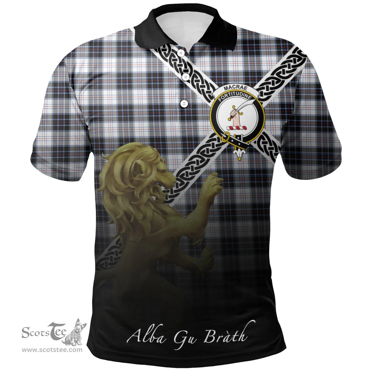 Scottish MacRae Dress Modern Clan Crest Tartan Polo Shirt - Celtic with Scotland Lion, Tartan Plaid Polo Shirt Scottish Plaid Tartan Plaid - ScotsTee - scotstee.com
