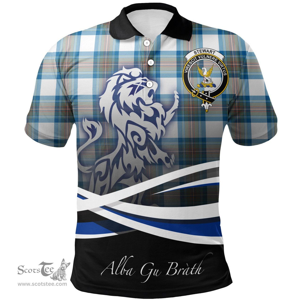 Scottish Stewart Muted Blue Clan Crest Tartan Polo Shirt - Blue Scotland Lion, Tartan Plaid Polo Shirt Scottish Plaid Tartan Plaid - ScotsTee - scotstee.com