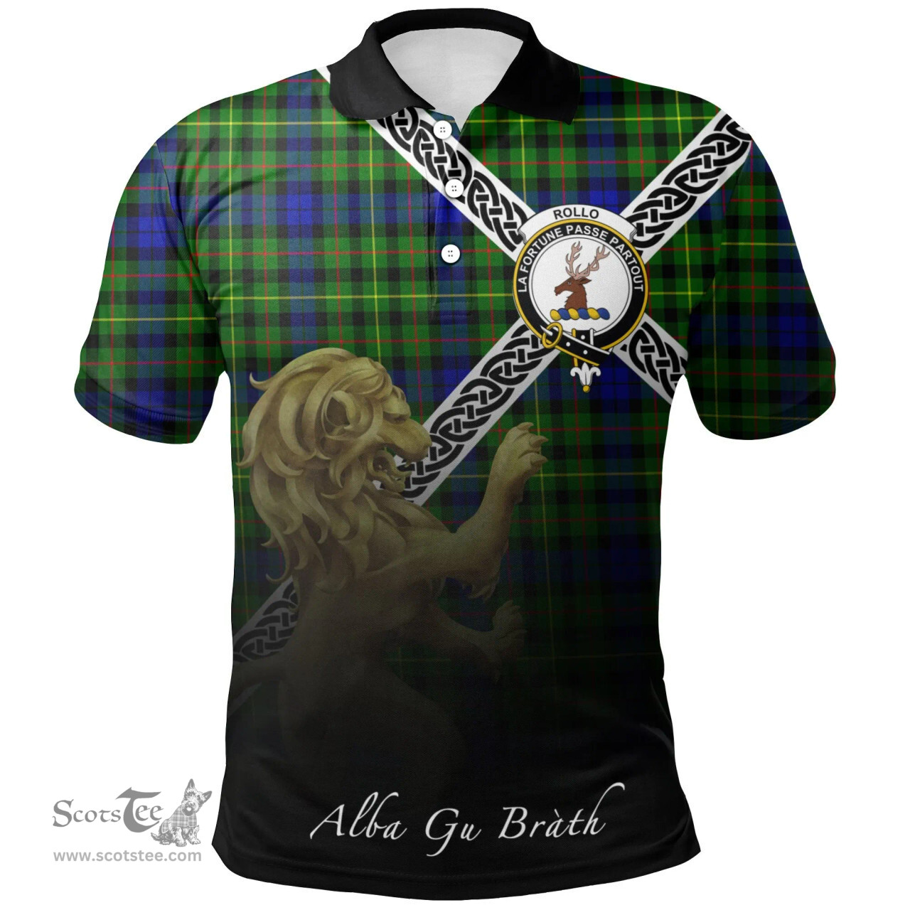 Scottish Rollo Modern Clan Crest Tartan Polo Shirt - Celtic with Scotland Lion, Tartan Plaid Polo Shirt Scottish Plaid Tartan Plaid - ScotsTee - scotstee.com