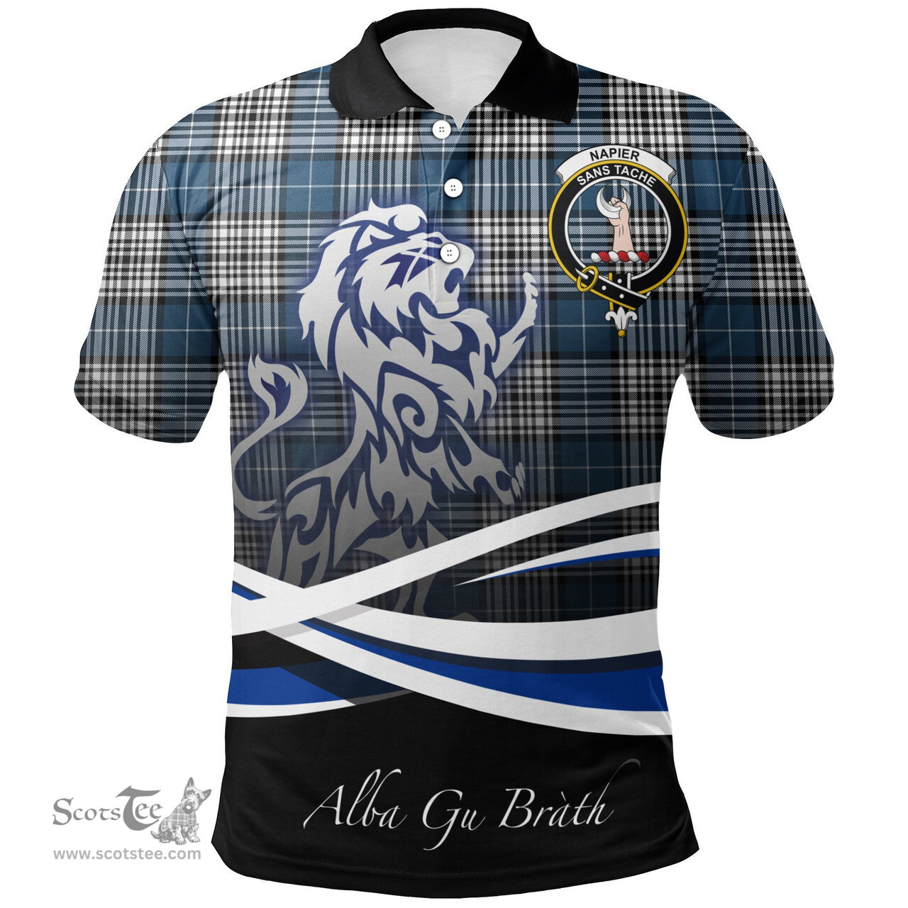 Scottish Napier Modern Clan Crest Tartan Polo Shirt - Blue Scotland Lion, Tartan Plaid Polo Shirt Scottish Plaid Tartan Plaid - ScotsTee - scotstee.com