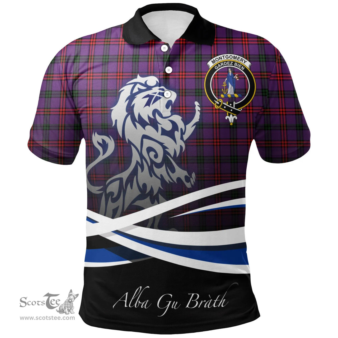 Scottish Montgomery Modern Clan Crest Tartan Polo Shirt - Blue Scotland Lion, Tartan Plaid Polo Shirt Scottish Plaid Tartan Plaid - ScotsTee - scotstee.com