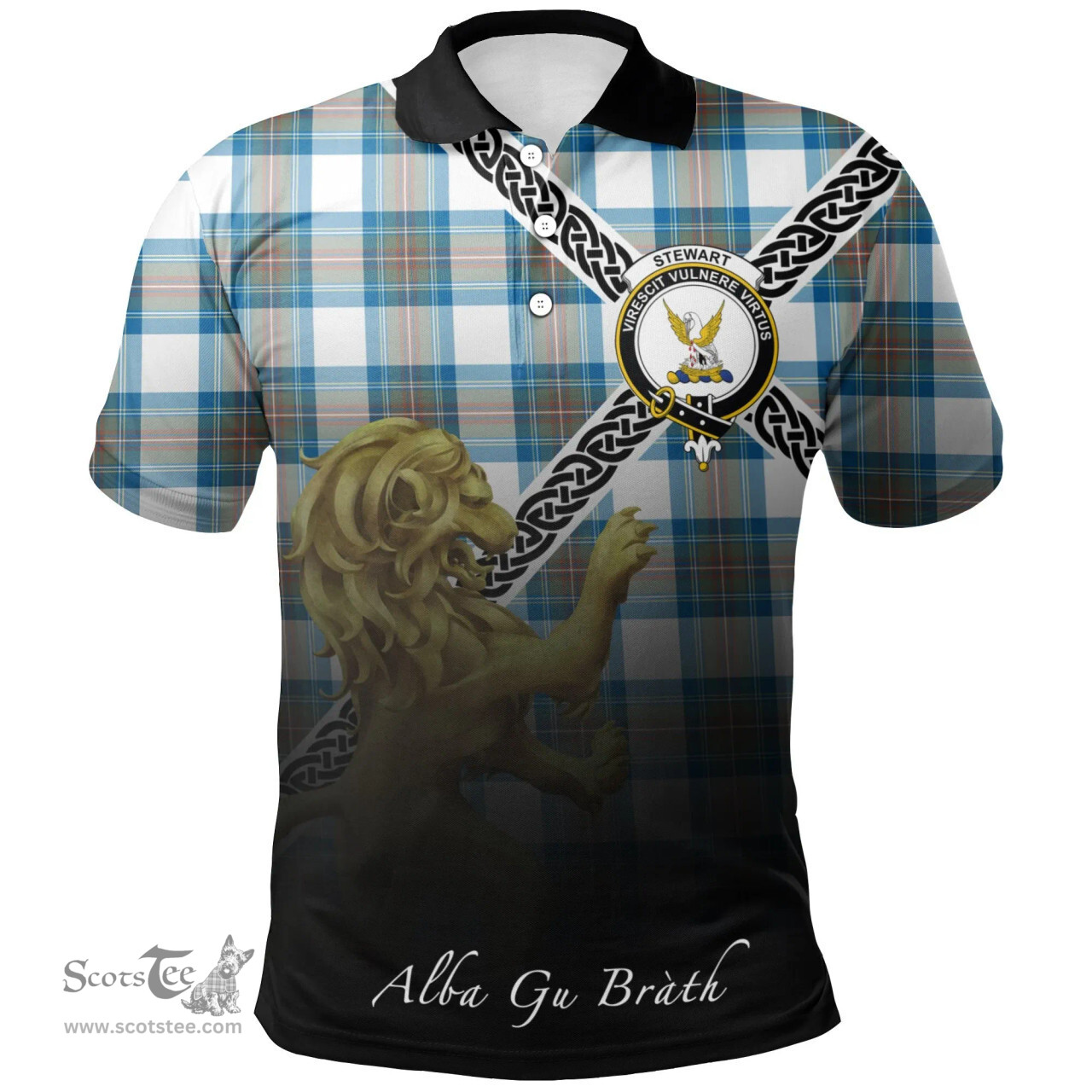 Scottish Stewart Muted Blue Clan Crest Tartan Polo Shirt - Celtic with Scotland Lion, Tartan Plaid Polo Shirt Scottish Plaid Tartan Plaid - ScotsTee - scotstee.com