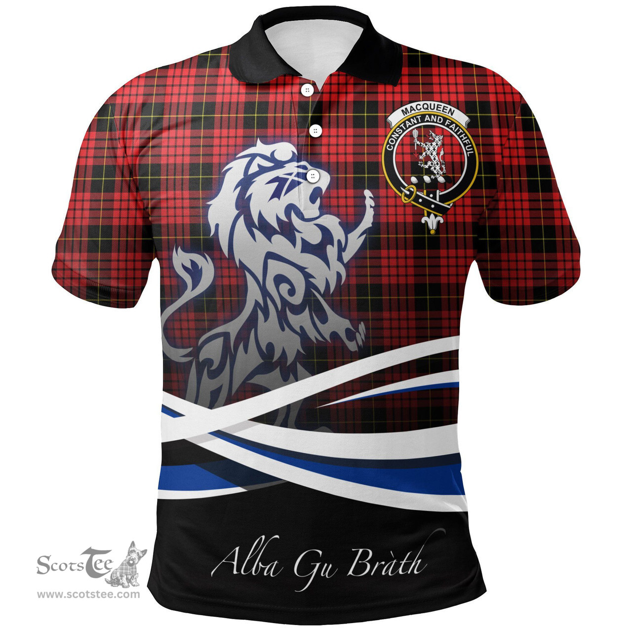 Scottish MacQueen Modern Clan Crest Tartan Polo Shirt - Blue Scotland Lion, Tartan Plaid Polo Shirt Scottish Plaid Tartan Plaid - ScotsTee - scotstee.com