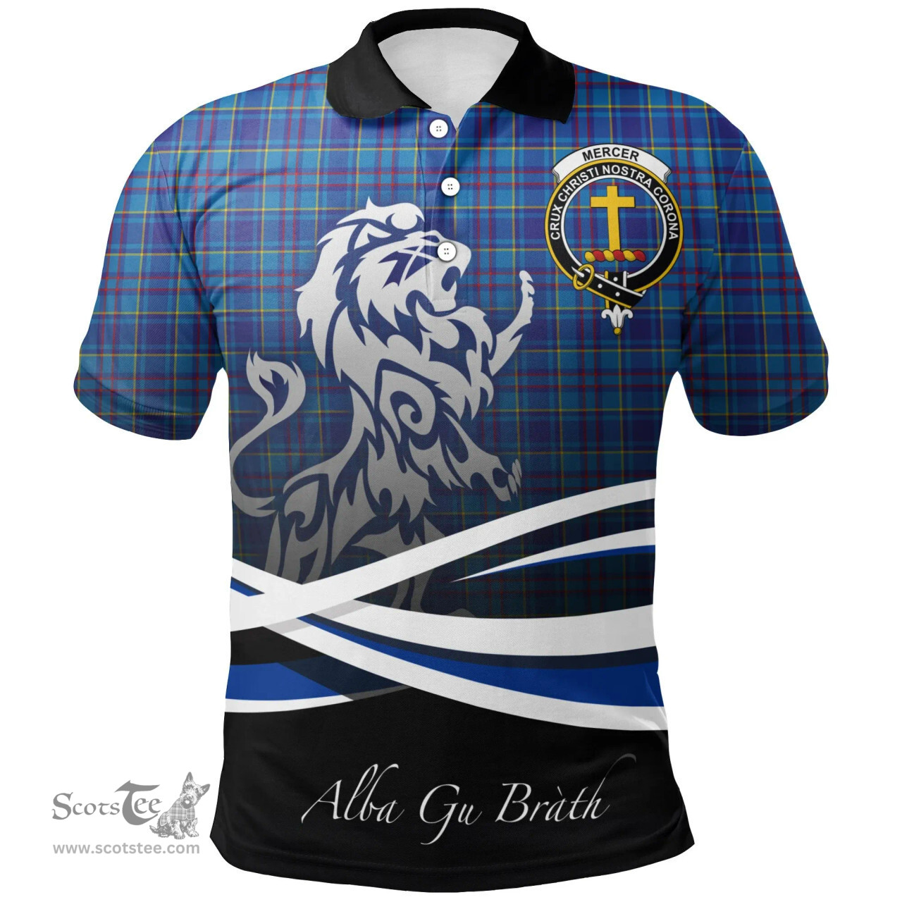 Scottish Mercer Modern Clan Crest Tartan Polo Shirt - Blue Scotland Lion, Tartan Plaid Polo Shirt Scottish Plaid Tartan Plaid - ScotsTee - scotstee.com