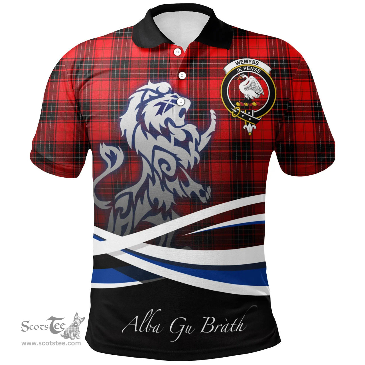 Scottish Wemyss Modern Clan Crest Tartan Polo Shirt - Blue Scotland Lion, Tartan Plaid Polo Shirt Scottish Plaid Tartan Plaid - ScotsTee - scotstee.com