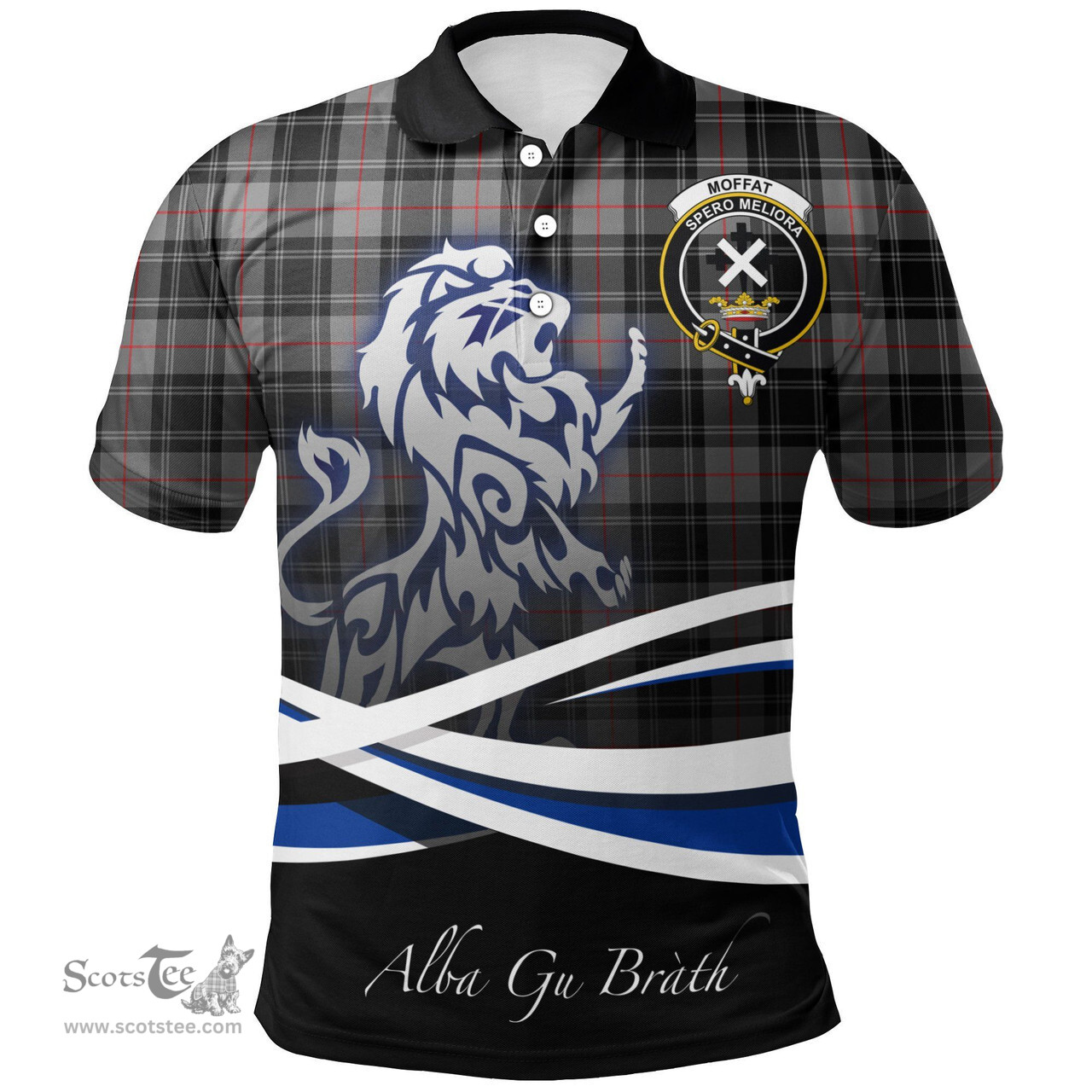 Scottish Moffat Modern Clan Crest Tartan Polo Shirt - Blue Scotland Lion, Tartan Plaid Polo Shirt Scottish Plaid Tartan Plaid - ScotsTee - scotstee.com