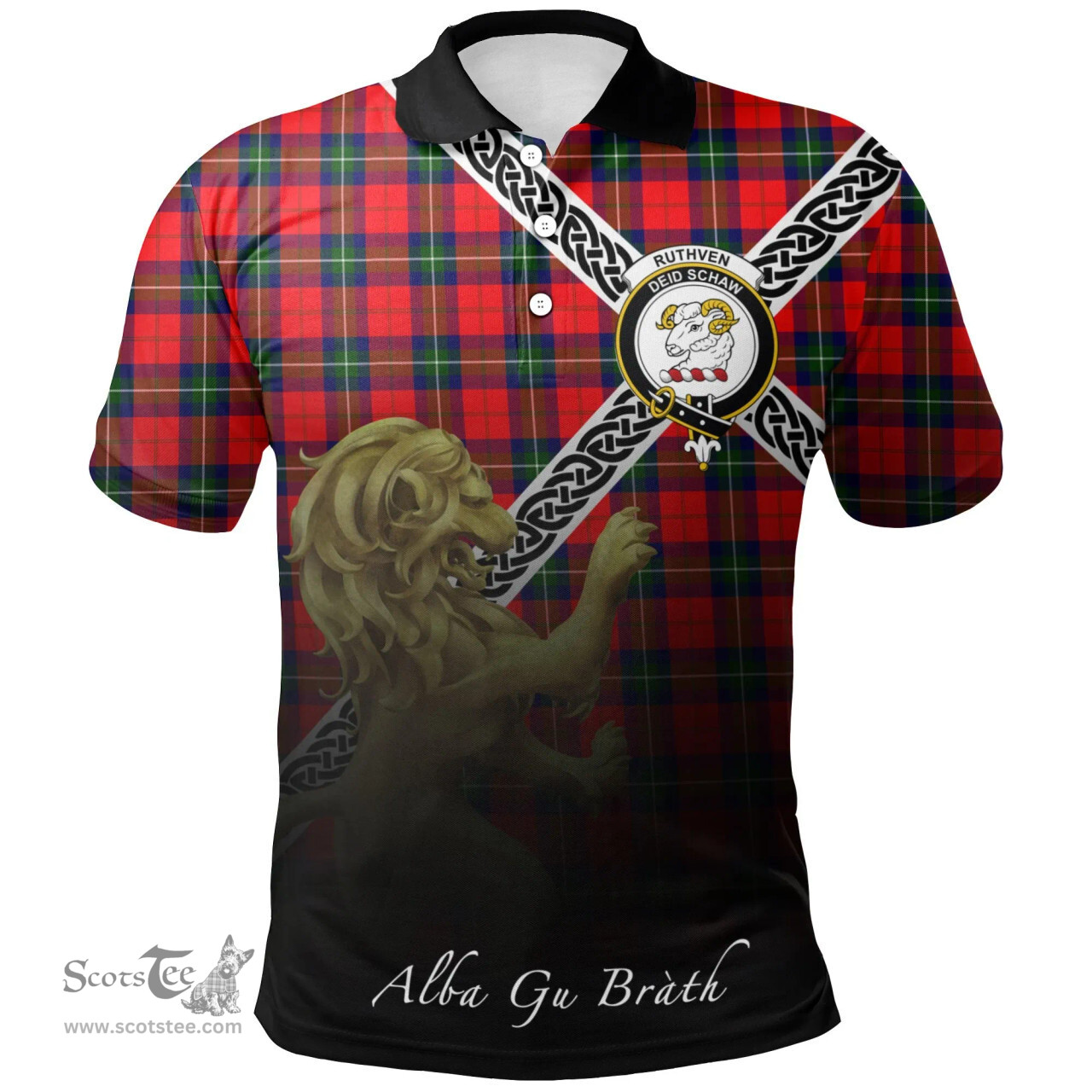 Scottish Ruthven Modern Clan Crest Tartan Polo Shirt - Celtic with Scotland Lion, Tartan Plaid Polo Shirt Scottish Plaid Tartan Plaid - ScotsTee - scotstee.com