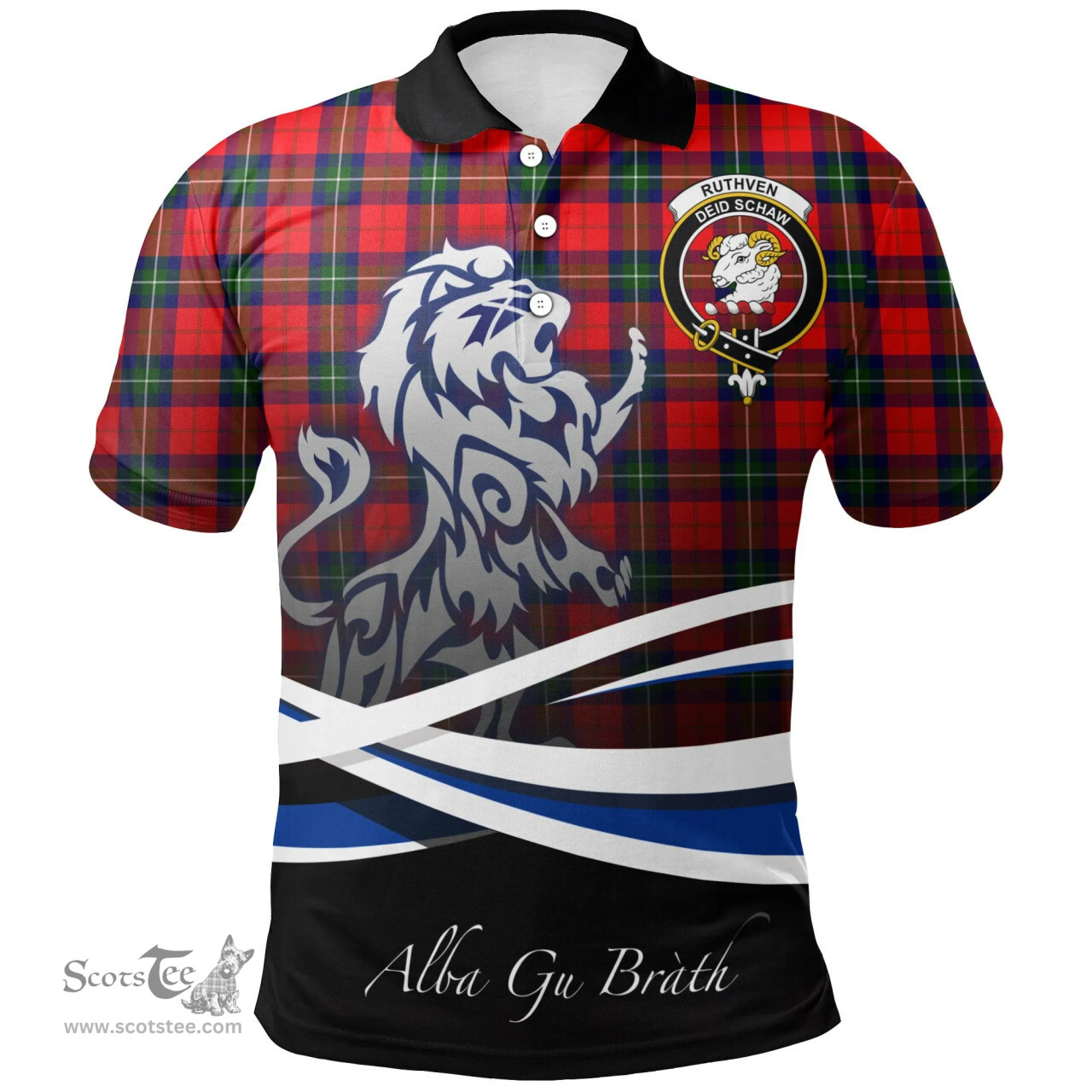 Scottish Ruthven Modern Clan Crest Tartan Polo Shirt - Blue Scotland Lion, Tartan Plaid Polo Shirt Scottish Plaid Tartan Plaid - ScotsTee - scotstee.com