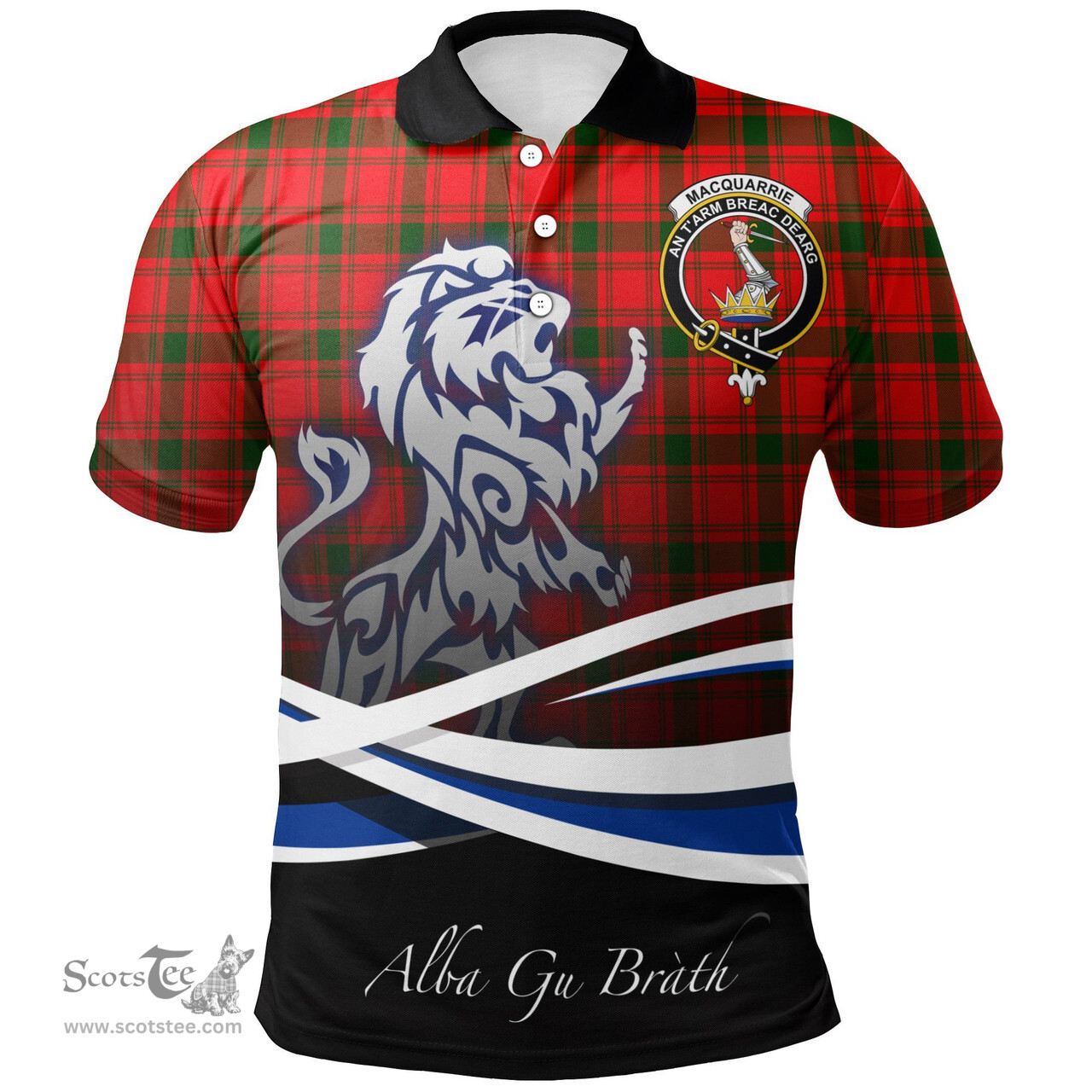 Scottish MacQuarrie Modern Clan Crest Tartan Polo Shirt - Blue Scotland Lion, Tartan Plaid Polo Shirt Scottish Plaid Tartan Plaid - ScotsTee - scotstee.com