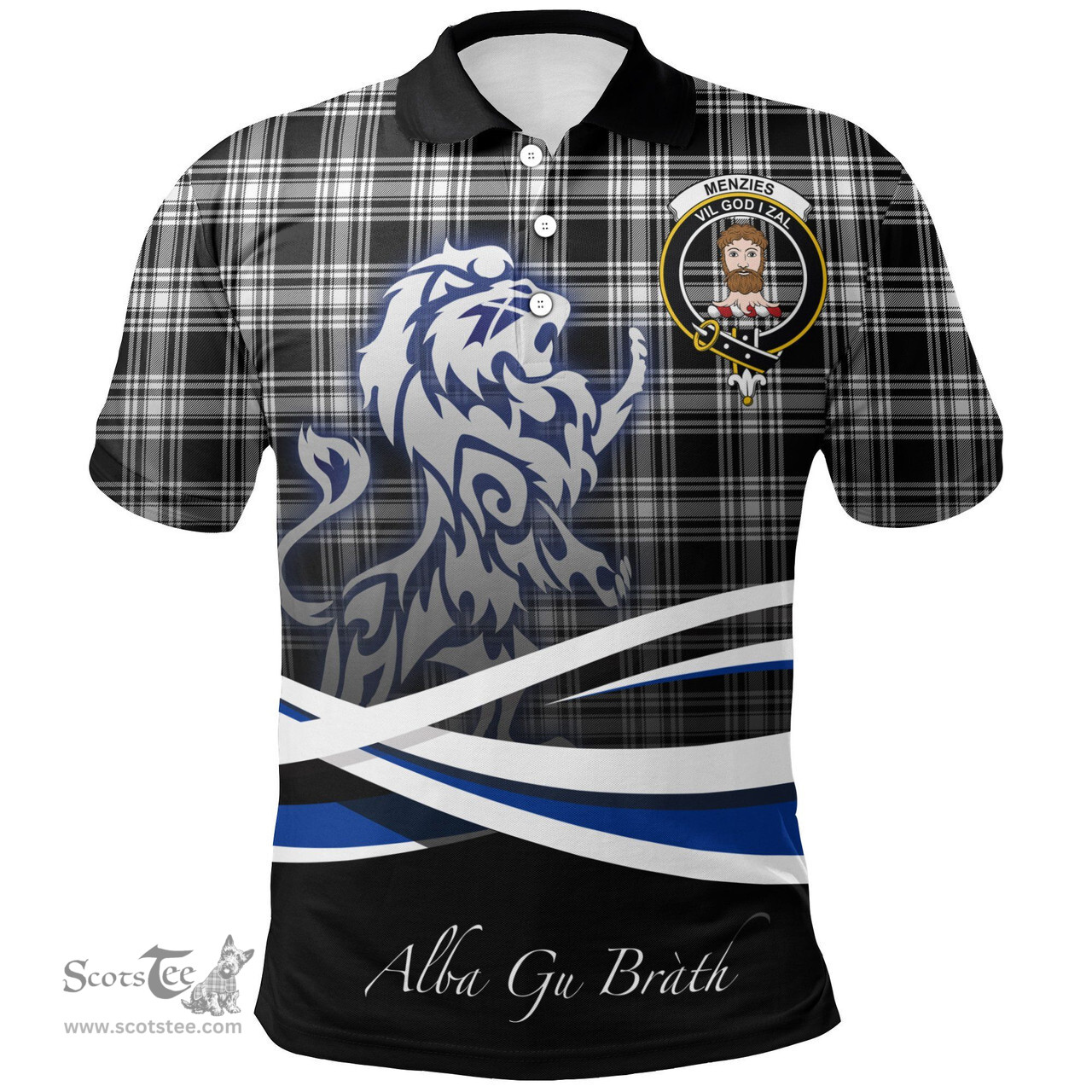 Scottish Menzies Black & White Modern Clan Crest Tartan Polo Shirt - Blue Scotland Lion, Tartan Plaid Polo Shirt Scottish Plaid Tartan Plaid - ScotsTee - scotstee.com