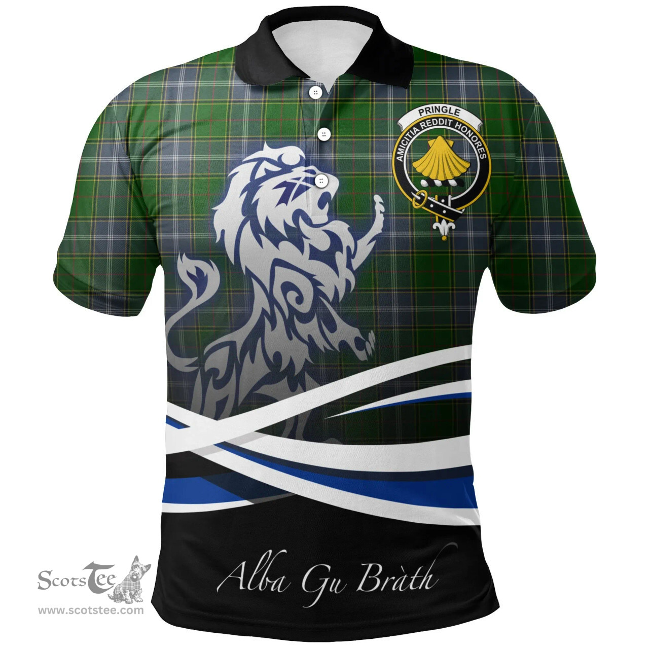 Scottish Pringle Clan Crest Tartan Polo Shirt - Blue Scotland Lion, Tartan Plaid Polo Shirt Scottish Plaid Tartan Plaid - ScotsTee - scotstee.com