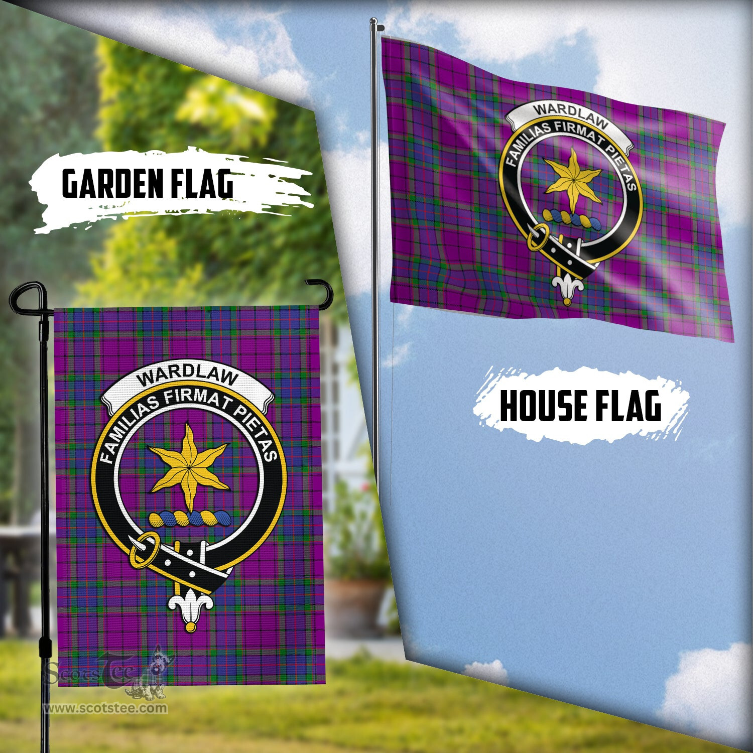 Scottish Wardlaw Modern Tartan Flag with Family Crest - Tartan Garden Flag Scottish Plaid Tartan Plaid - ScotsTee - scotstee.com