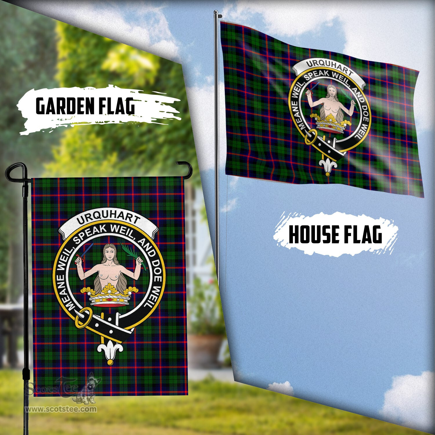 Scottish Urquhart Modern Tartan Flag with Family Crest - Tartan Garden Flag Scottish Plaid Tartan Plaid - ScotsTee - scotstee.com
