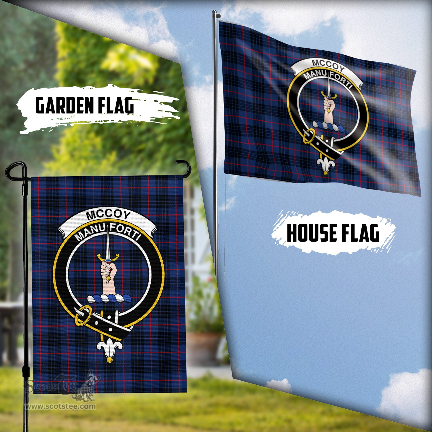 Scottish McCoy Blue Tartan Flag with Family Crest - Tartan Garden Flag Scottish Plaid Tartan Plaid - ScotsTee - scotstee.com