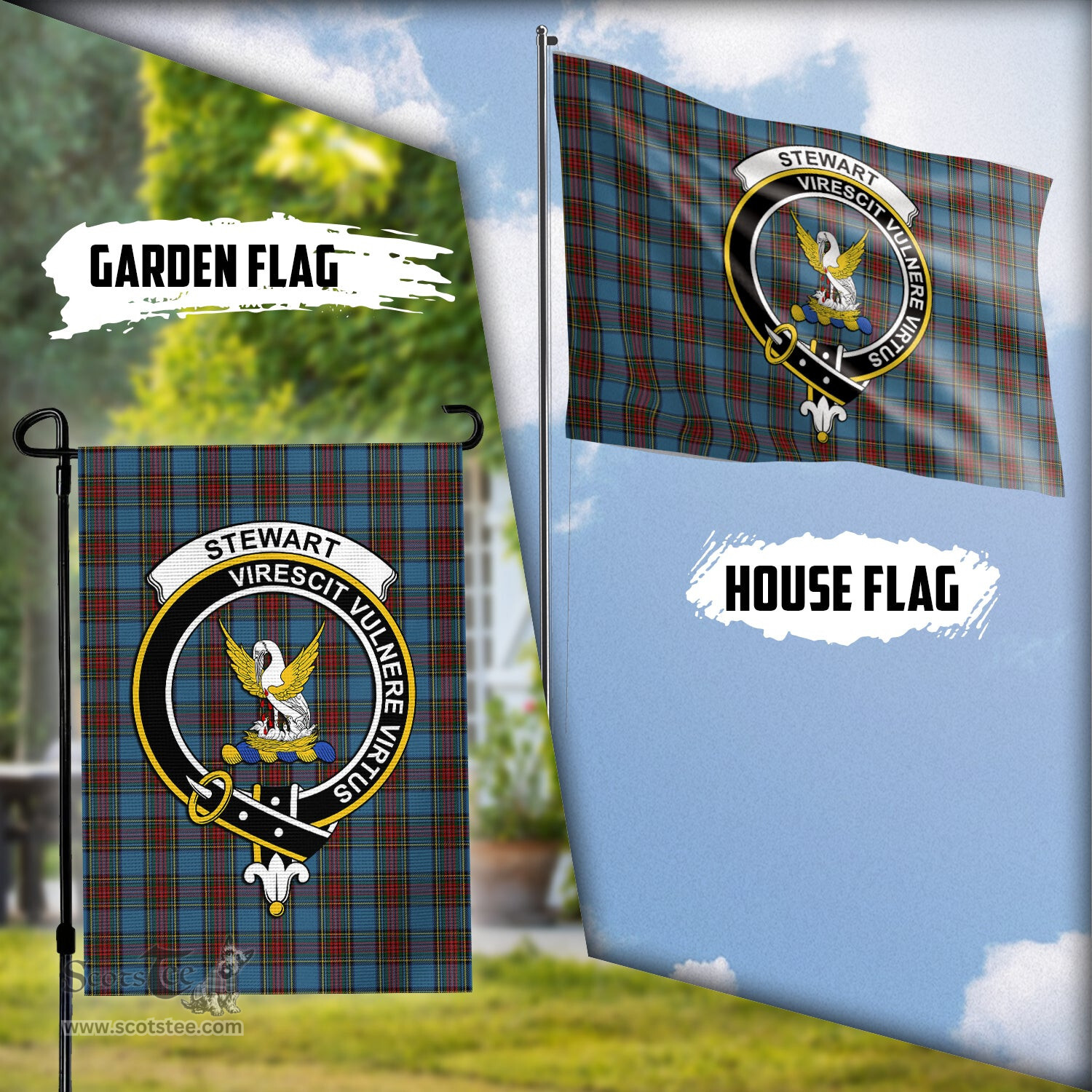 Scottish Stewart Royal Blue Tartan Flag with Family Crest - Tartan Garden Flag Scottish Plaid Tartan Plaid - ScotsTee - scotstee.com