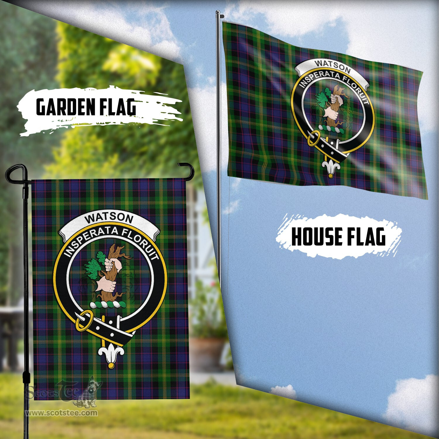 Scottish Watson Tartan Flag with Family Crest - Tartan Garden Flag Scottish Plaid Tartan Plaid - ScotsTee - scotstee.com