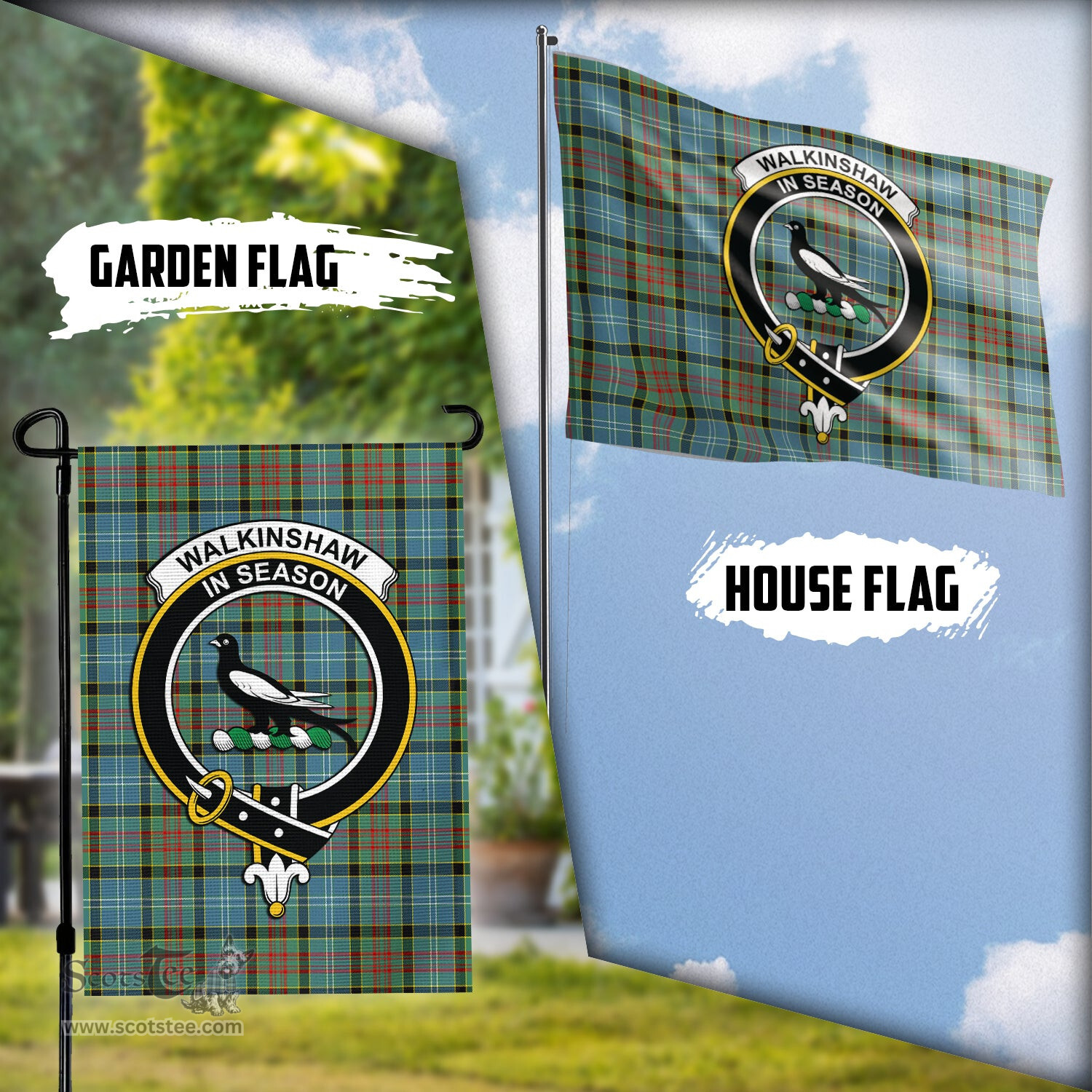 Scottish Walkinshaw Tartan Flag with Family Crest - Tartan Garden Flag Scottish Plaid Tartan Plaid - ScotsTee - scotstee.com