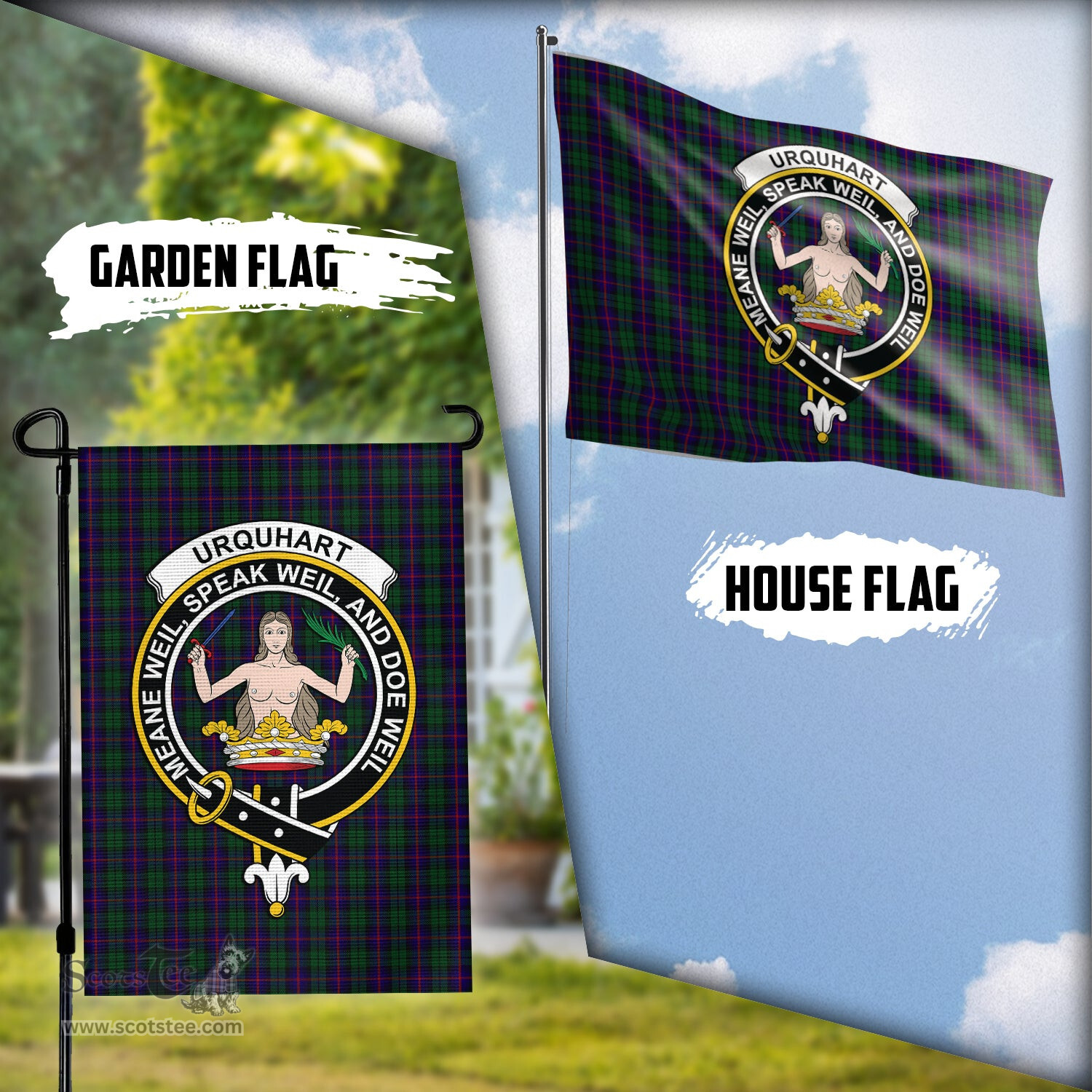 Scottish Urquhart Tartan Flag with Family Crest - Tartan Garden Flag Scottish Plaid Tartan Plaid - ScotsTee - scotstee.com