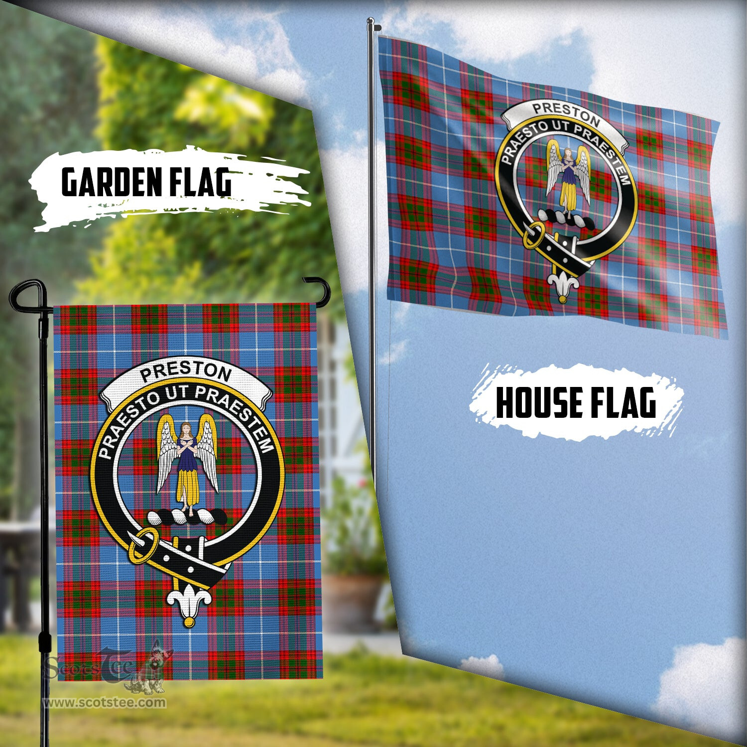 Scottish Preston Tartan Flag with Family Crest - Tartan Garden Flag Scottish Plaid Tartan Plaid - ScotsTee - scotstee.com