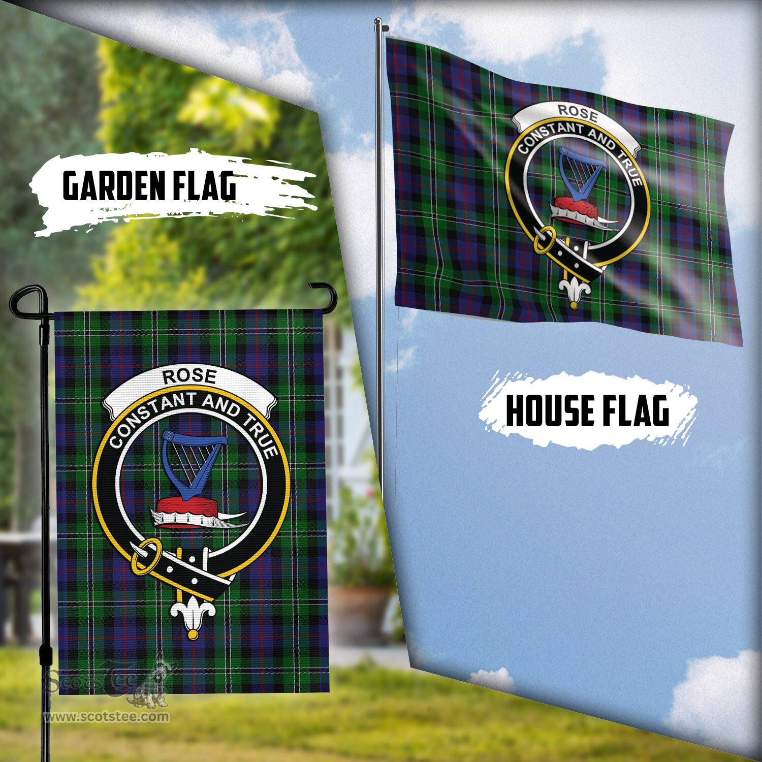 Scottish Rose Hunting Tartan Flag with Family Crest - Tartan Garden Flag Scottish Plaid Tartan Plaid - ScotsTee - scotstee.com