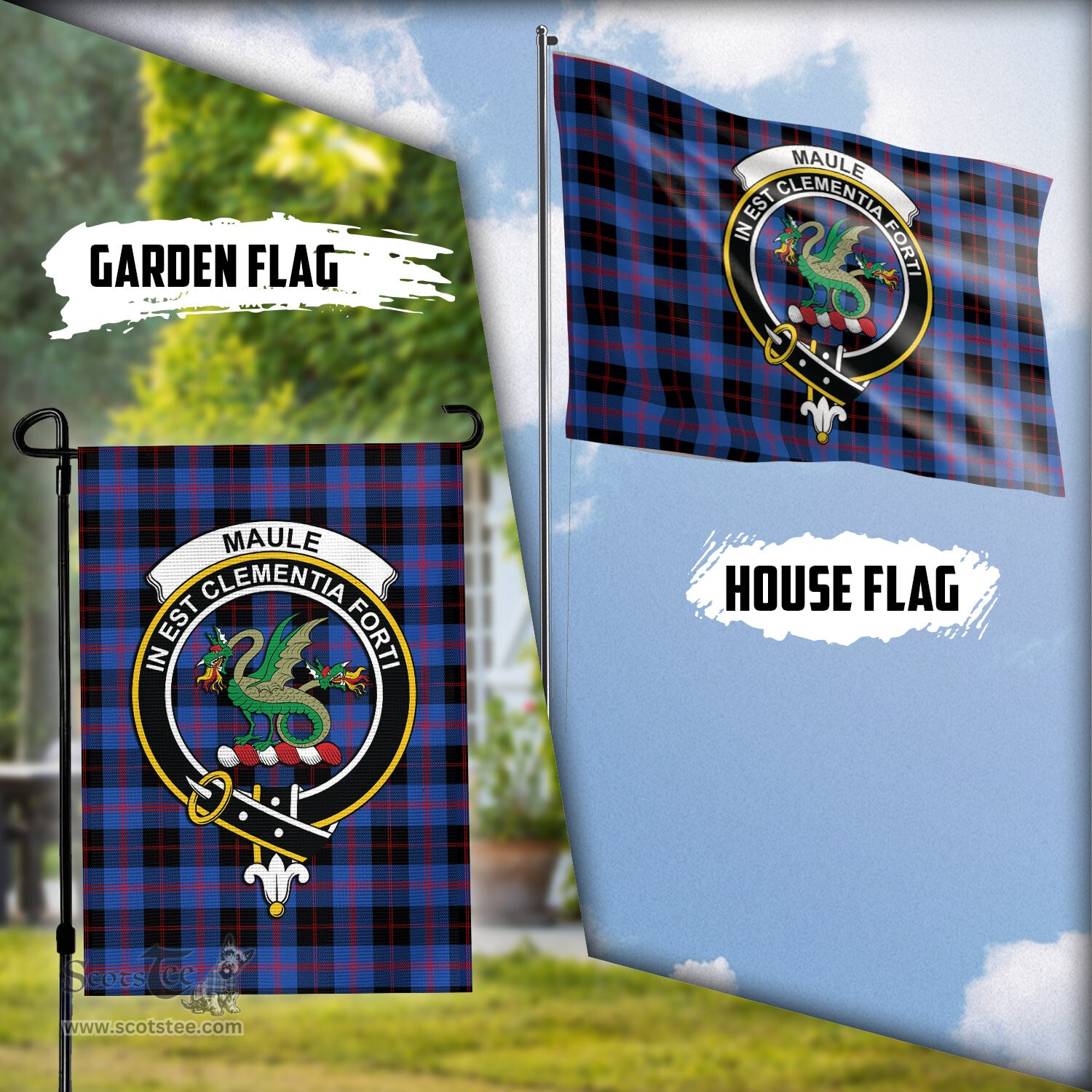 Scottish Maule Tartan Flag with Family Crest - Tartan Garden Flag Scottish Plaid Tartan Plaid - ScotsTee - scotstee.com