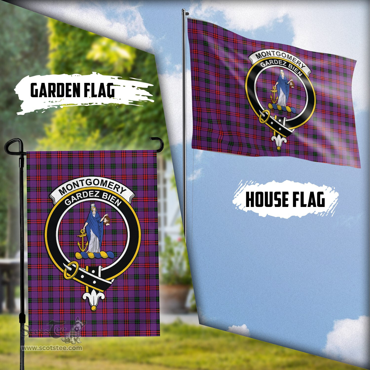 Scottish Montgomery Modern Tartan Flag with Family Crest - Tartan Garden Flag Scottish Plaid Tartan Plaid - ScotsTee - scotstee.com
