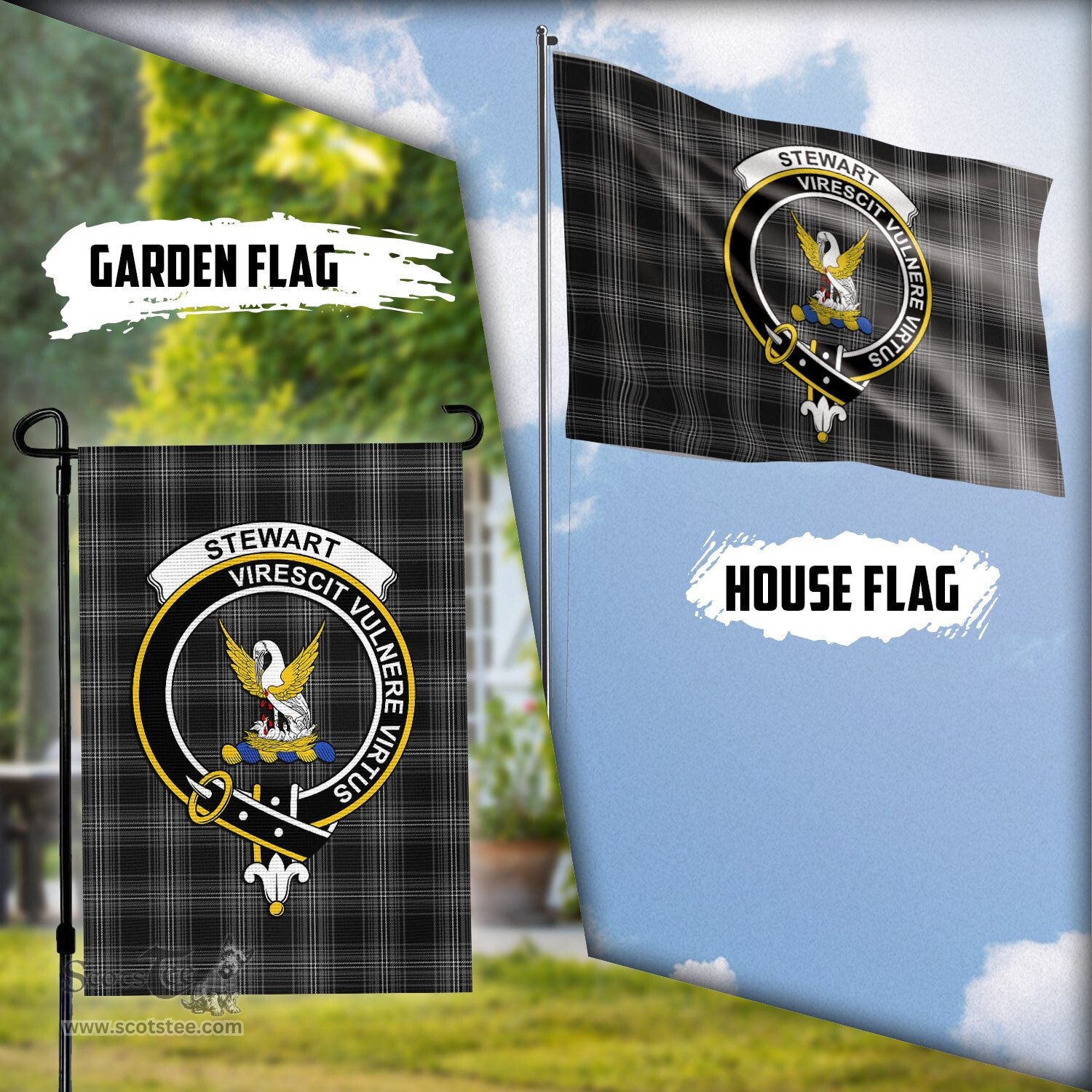 Scottish Stewart Mourning Tartan Flag with Family Crest - Tartan Garden Flag Scottish Plaid Tartan Plaid - ScotsTee - scotstee.com