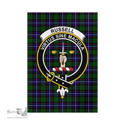 Scottish Russell Modern Tartan Flag with Family Crest - Tartan Garden Flag Scottish Plaid Tartan Plaid - ScotsTee - scotstee.com