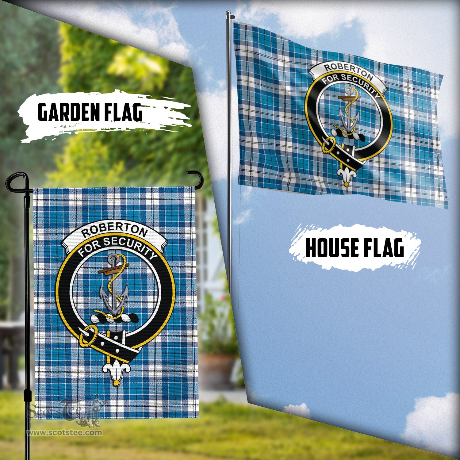 Scottish Roberton Tartan Flag with Family Crest - Tartan Garden Flag Scottish Plaid Tartan Plaid - ScotsTee - scotstee.com