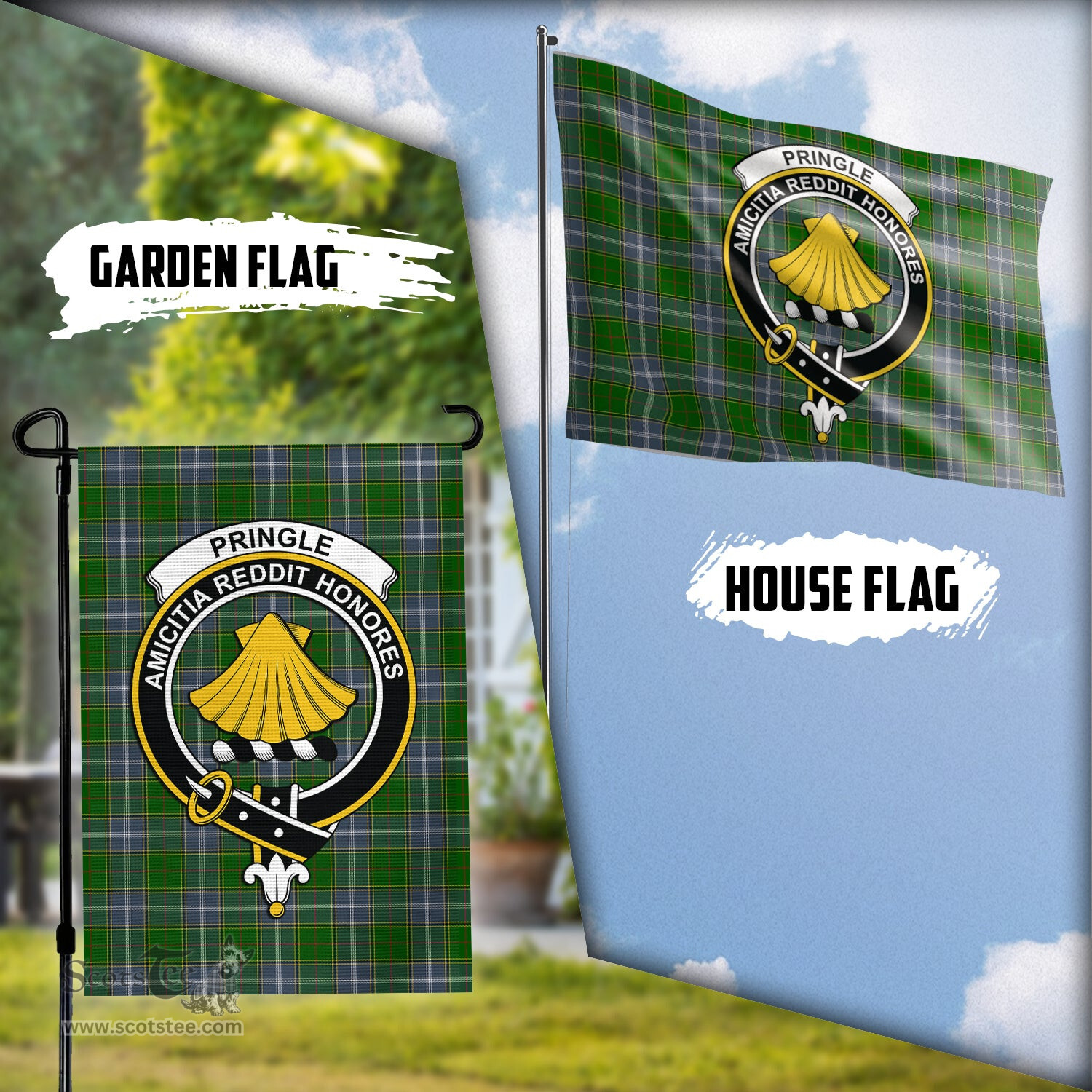 Scottish Pringle Tartan Flag with Family Crest - Tartan Garden Flag Scottish Plaid Tartan Plaid - ScotsTee - scotstee.com