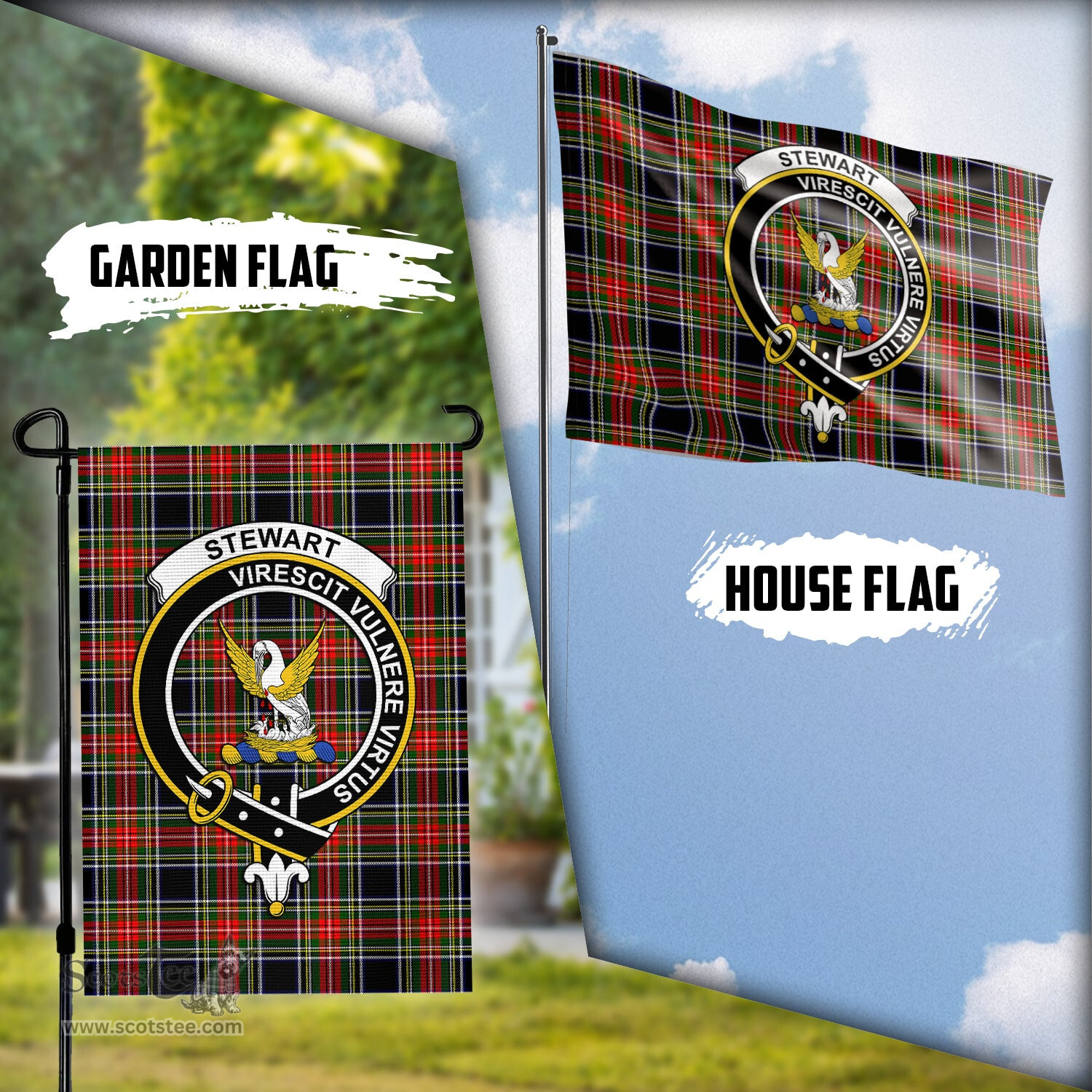Scottish Stewart Black Tartan Flag with Family Crest - Tartan Garden Flag Scottish Plaid Tartan Plaid - ScotsTee - scotstee.com