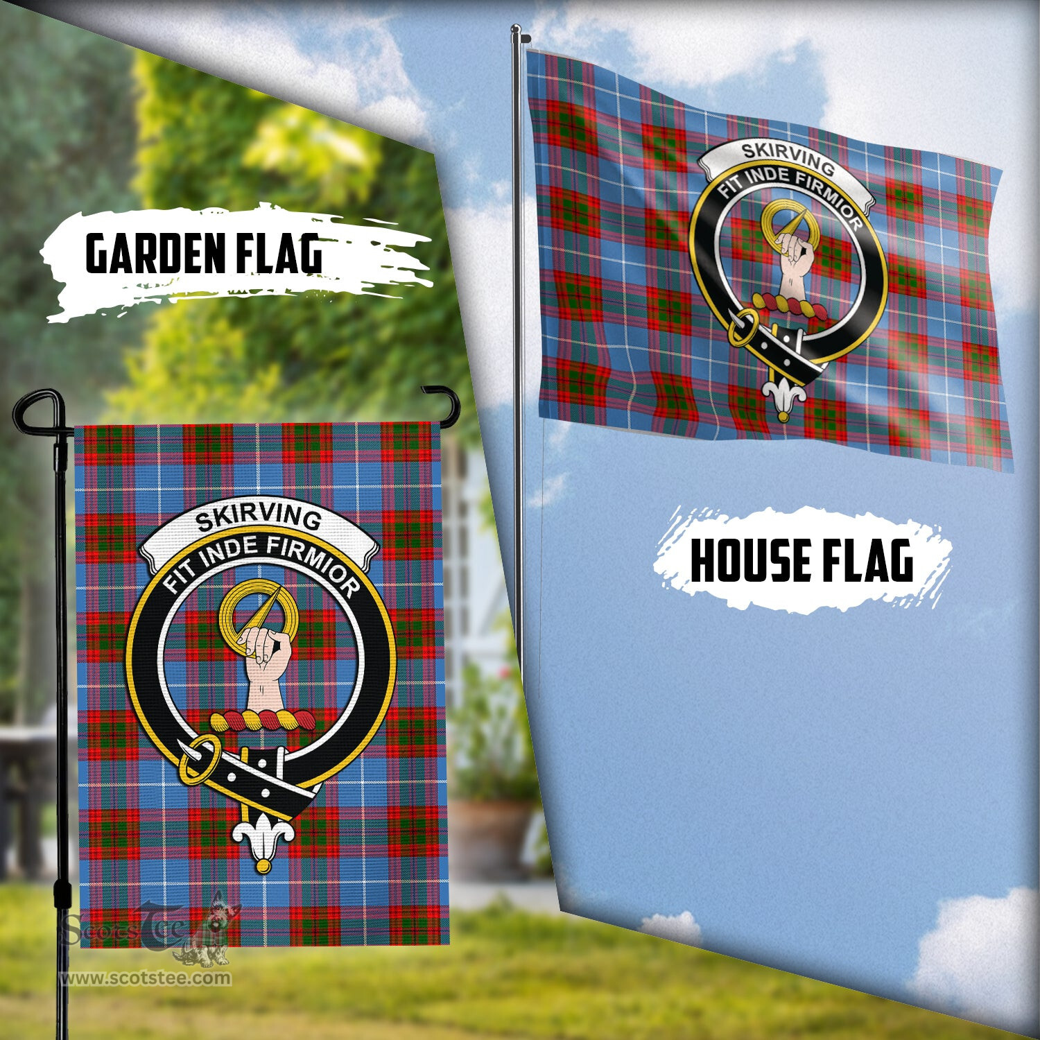 Scottish Skirving Tartan Flag with Family Crest - Tartan Garden Flag Scottish Plaid Tartan Plaid - ScotsTee - scotstee.com