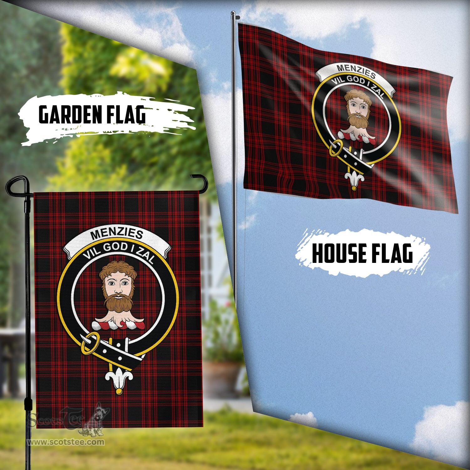 Scottish Menzies Hunting Tartan Flag with Family Crest - Tartan Garden Flag Scottish Plaid Tartan Plaid - ScotsTee - scotstee.com