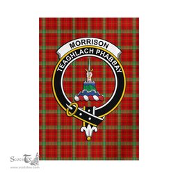 Scottish Morrison Red Modern Tartan Flag with Family Crest - Tartan Garden Flag Scottish Plaid Tartan Plaid - ScotsTee - scotstee.com